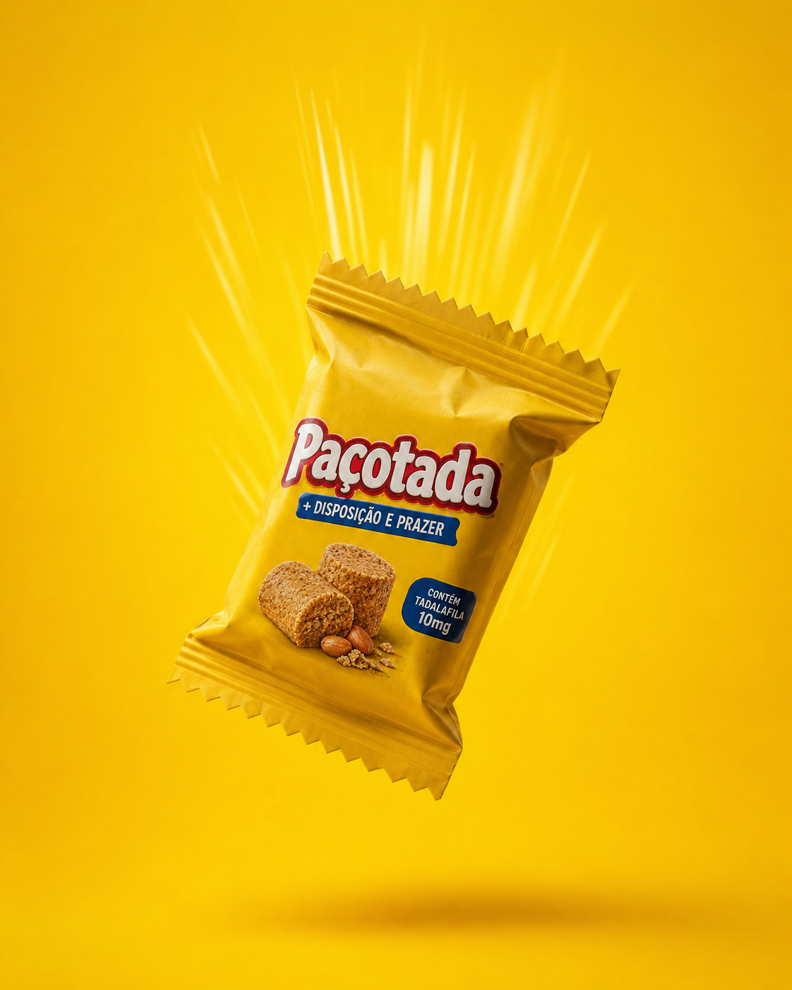 Sachê individual Paçotada flutuando sobre fundo amarelo