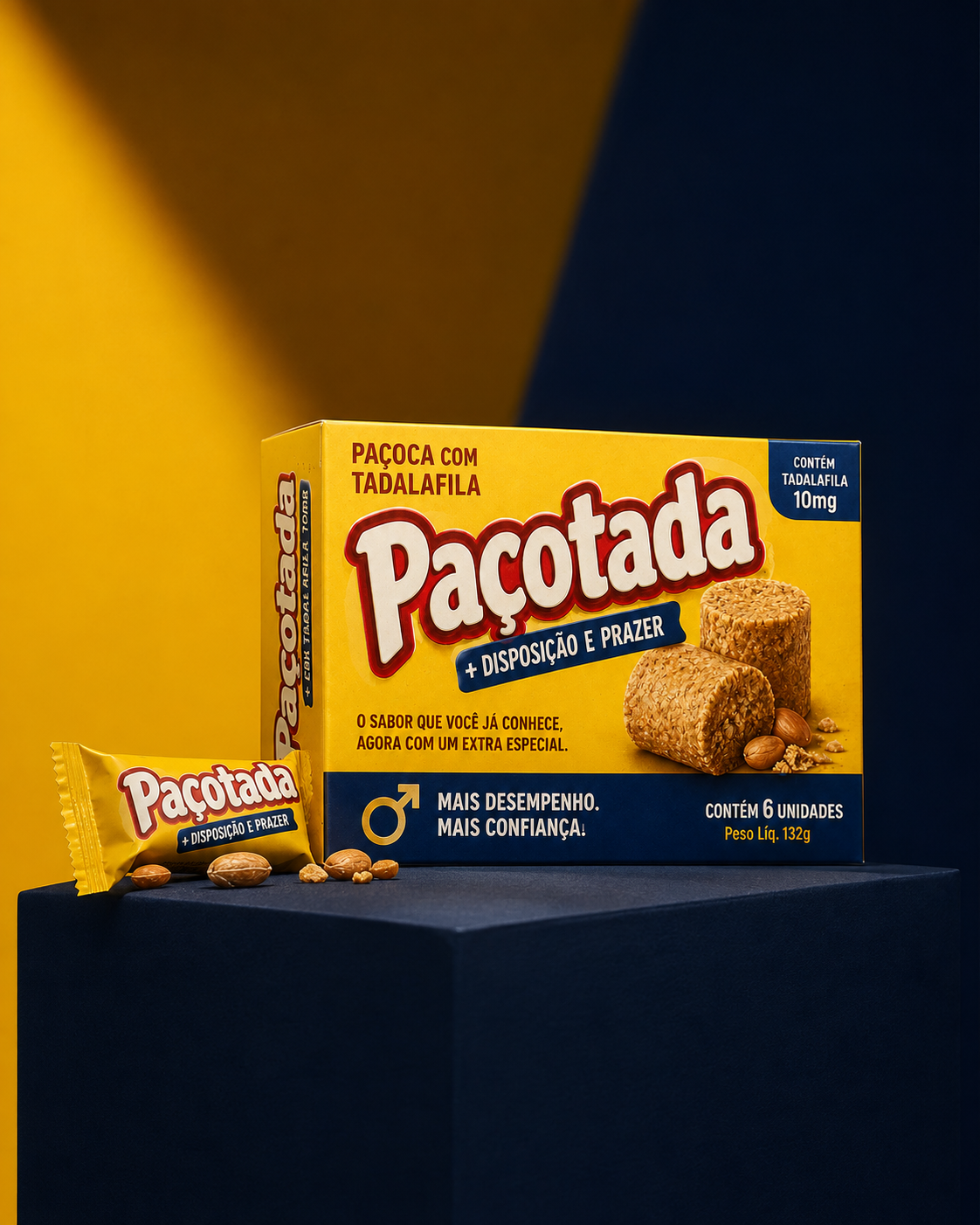 Caixa Paçotada sobre pódio azul-marinho com fundo amarelo