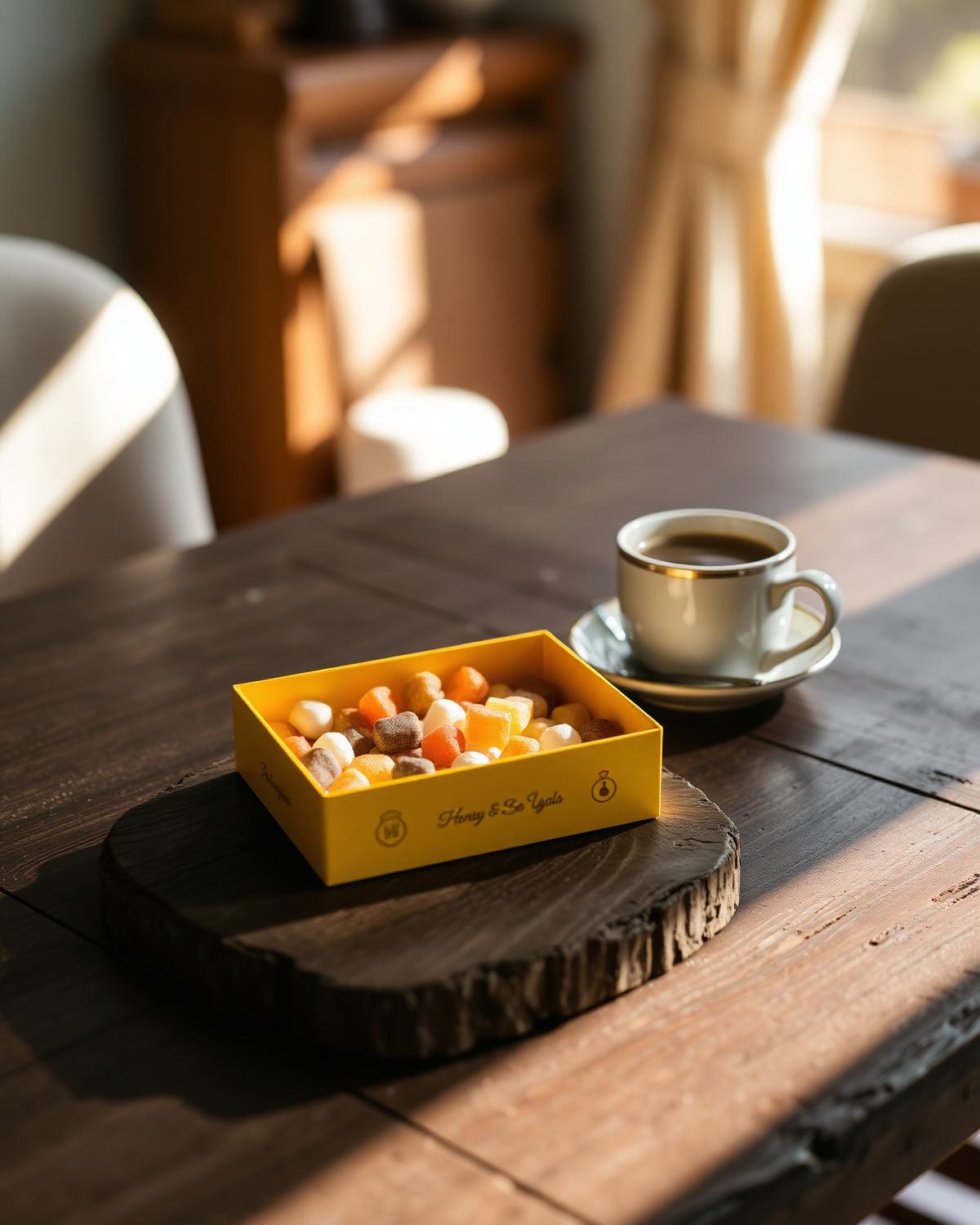 PAÇOTADA em mesa de madeira com café